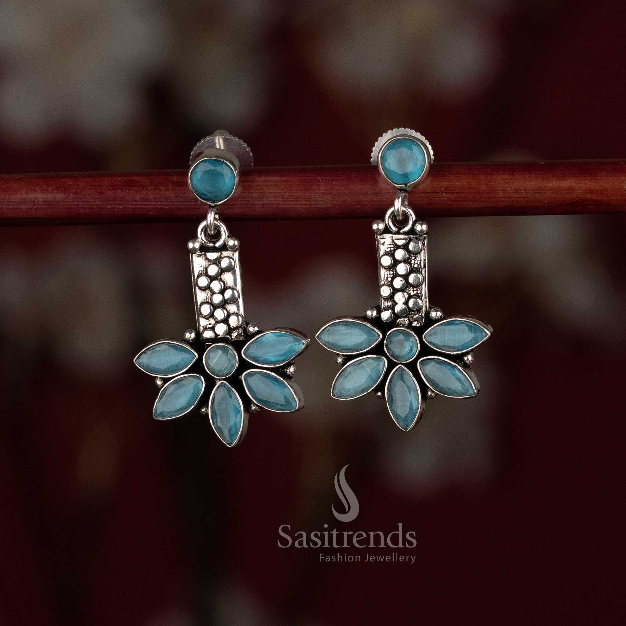 Cool sky blue oxidised silver dangle earrings with slim leaf drop and rounded top highlight – Sasitrends