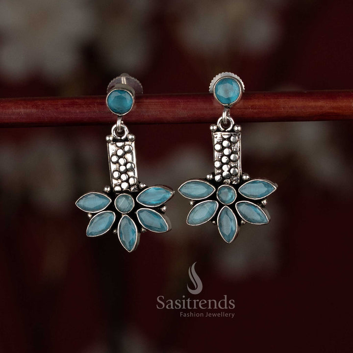 Cool sky blue oxidised silver dangle earrings with slim leaf drop and rounded top highlight – Sasitrends