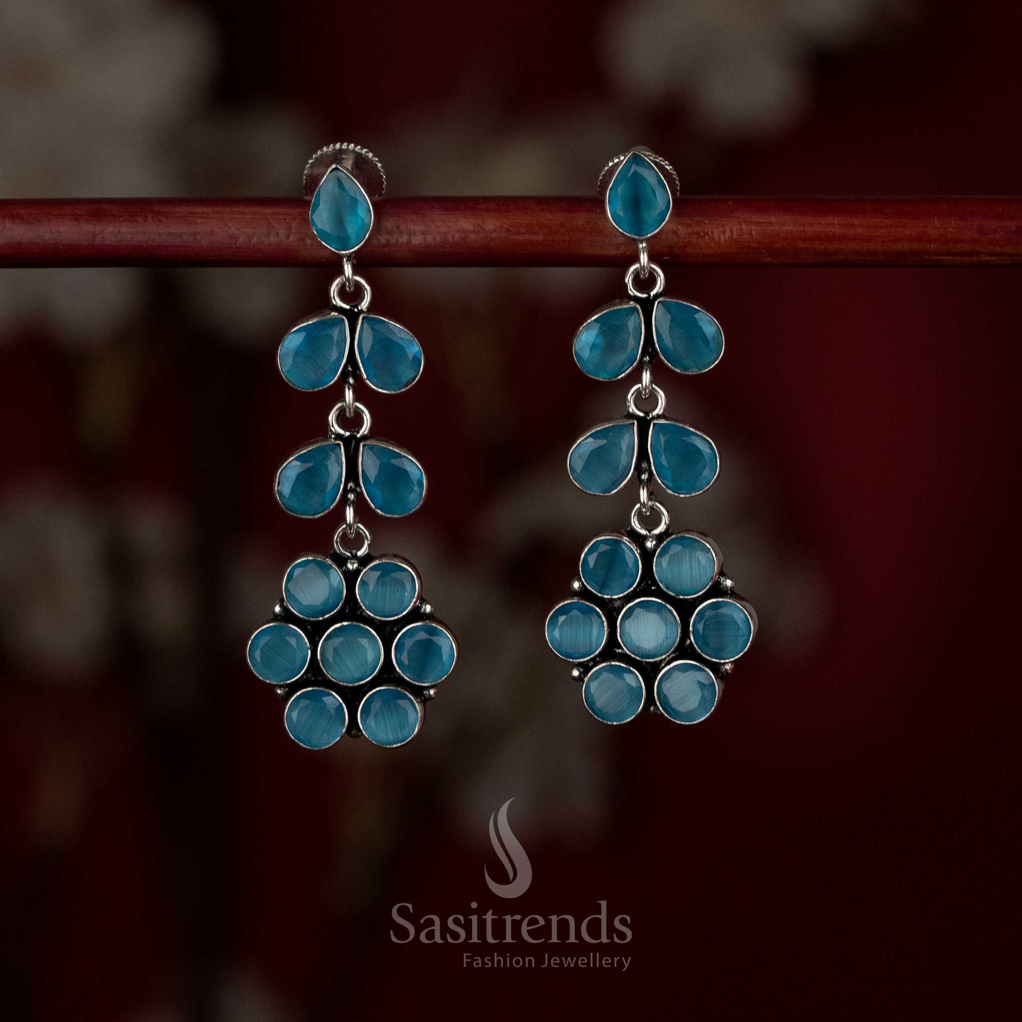 Soothing sky-blue oxidised layered floral earrings for cool daytime dressing – Sasitrends
