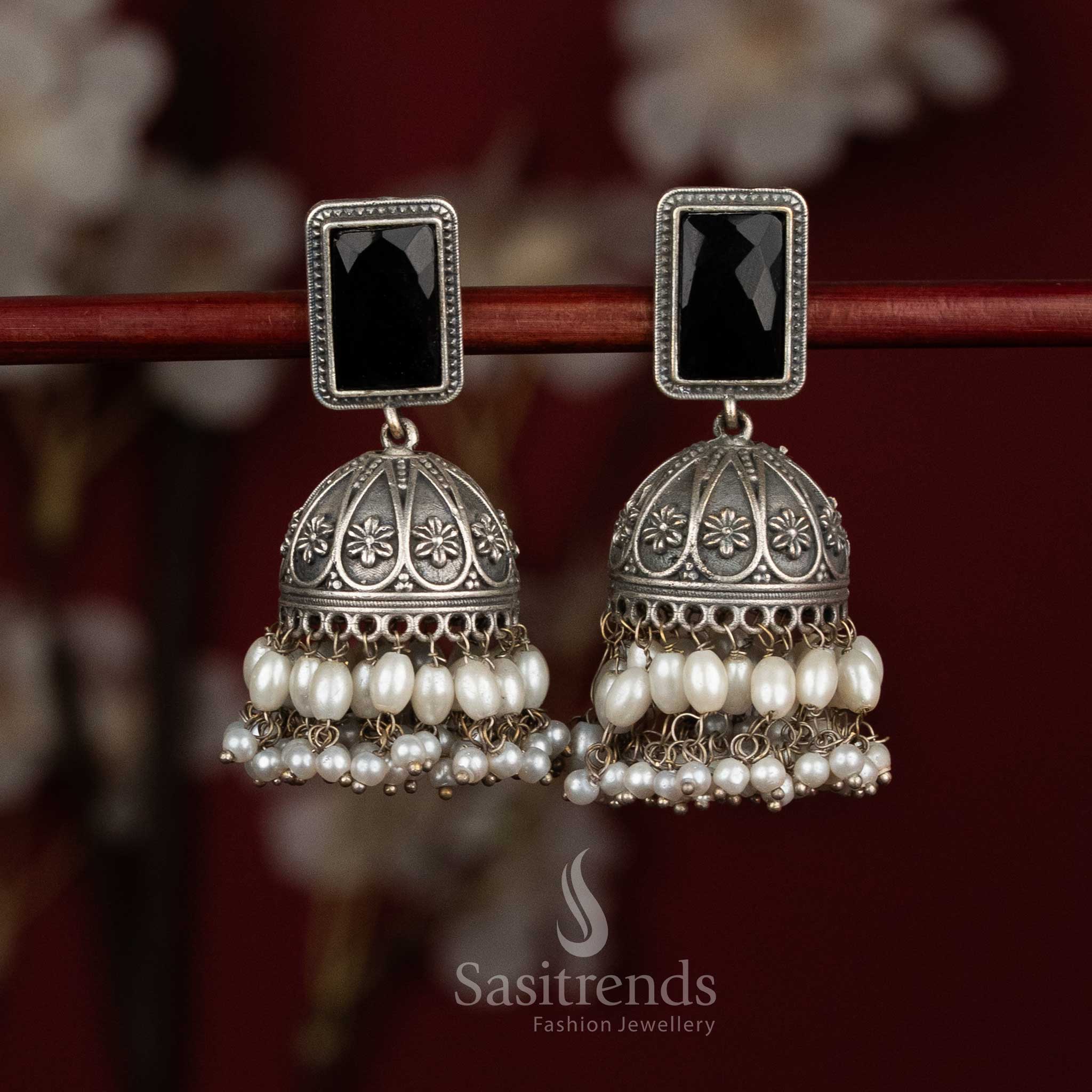 Midnight allure oxidised 92.5 silver rectangular stud floral dome jhumka earrings with monalisa stones and rice pearls for party styling - jewellery - Sasitrends