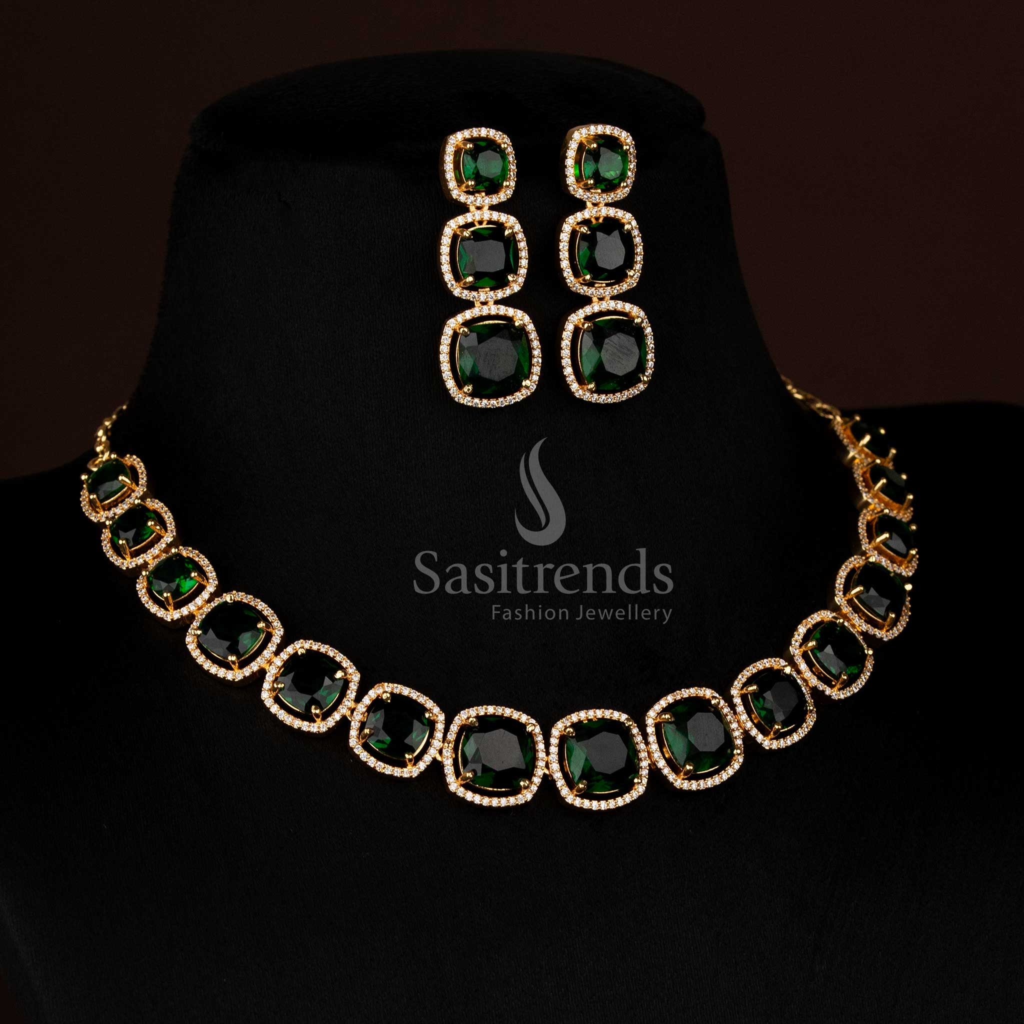 Radiant micro gold plated American Diamond green square stone necklace jewellery set perfect for party glow and festive evenings – Sasitrends