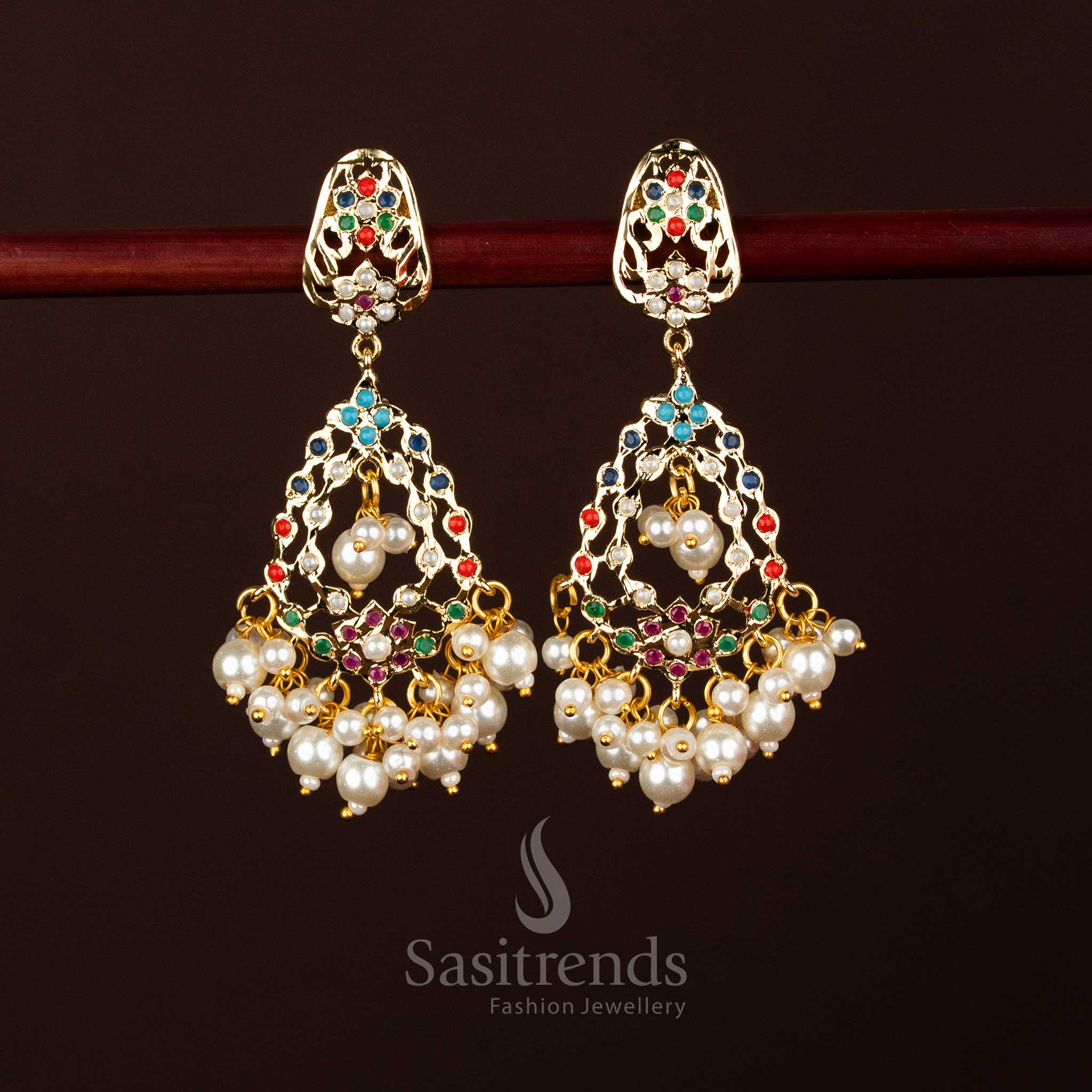 Majestic pearl Navarathna Jadau kite stud with inverted triangle pearl drop dangler for vibrant celebrations – Sasitrends