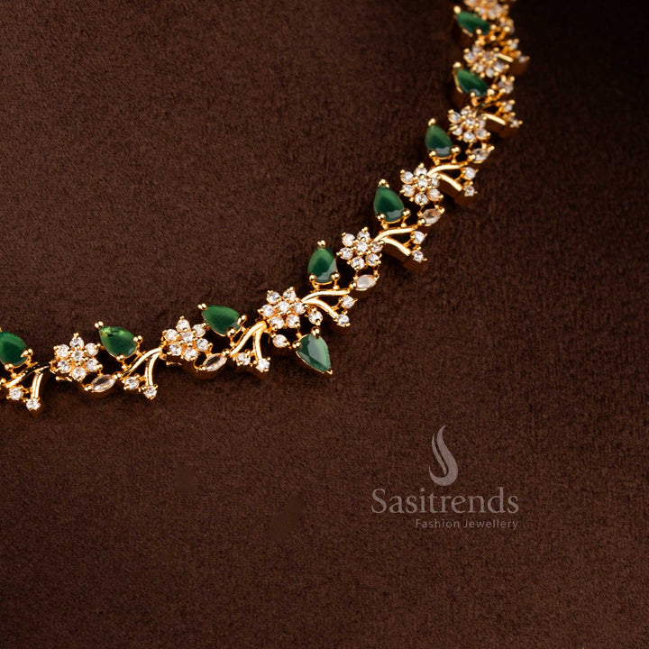 Regal micro gold plated American diamond floral vine necklace in white green combination perfect for weddings and festive gatherings – Sasitrends