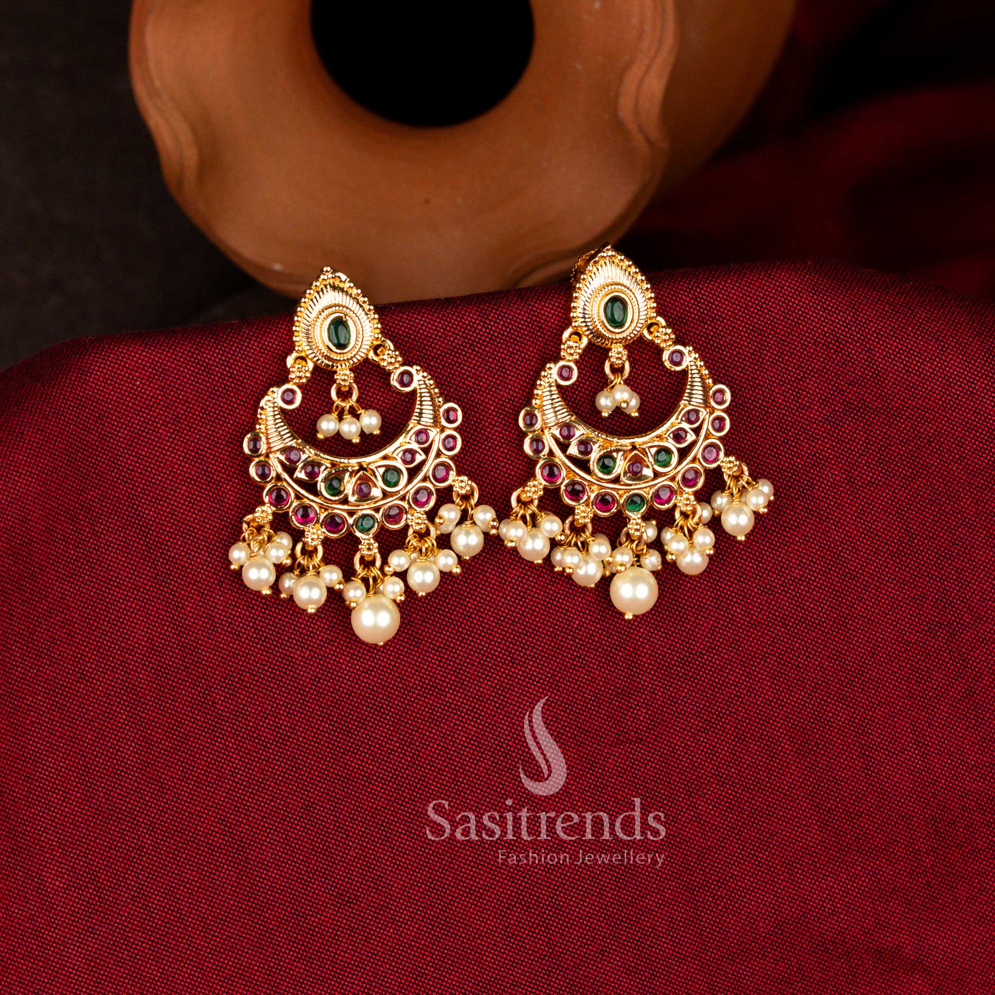Captivating micro gold plated American Diamond chandbali earrings with pearl drops in multicolour brilliance ideal for receptions, festive gatherings, and cultural celebrations – Sasitrends