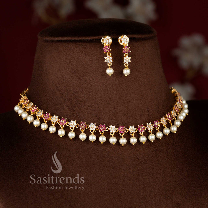 Charming micro gold plated AD star floral necklace in white-ruby with pearl drops, one gram jewellery, 24K shine – Sasitrends