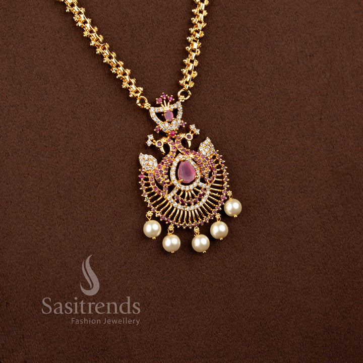 Charming micro gold plated 2-side Gajiri chain necklace in white-ruby with pear stone peacock pendant and pearl drops – Sasitrends
