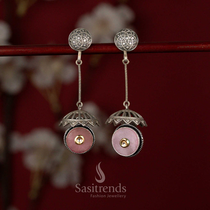 Refined oxidised statement earrings with hanging rod design, dome base and pink detailing ideal for festive outfits – Sasitrends