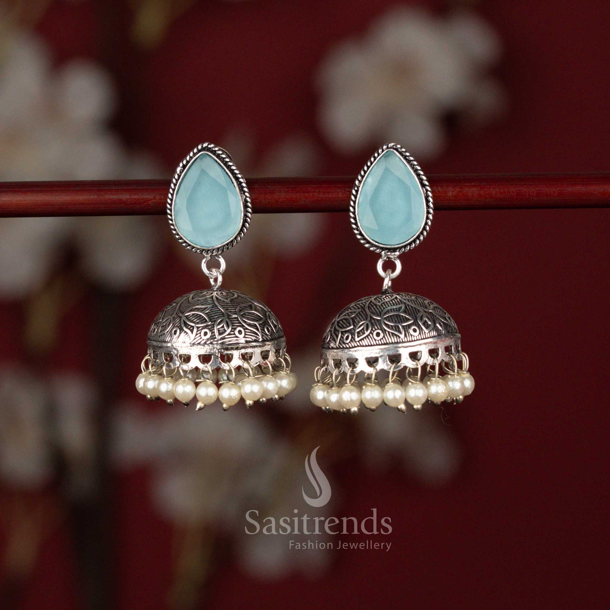 Refined oxidised silver plated Monalisa jhumka earrings featuring sky blue tone perfect for celebrations and kurti wear – Sasitrends