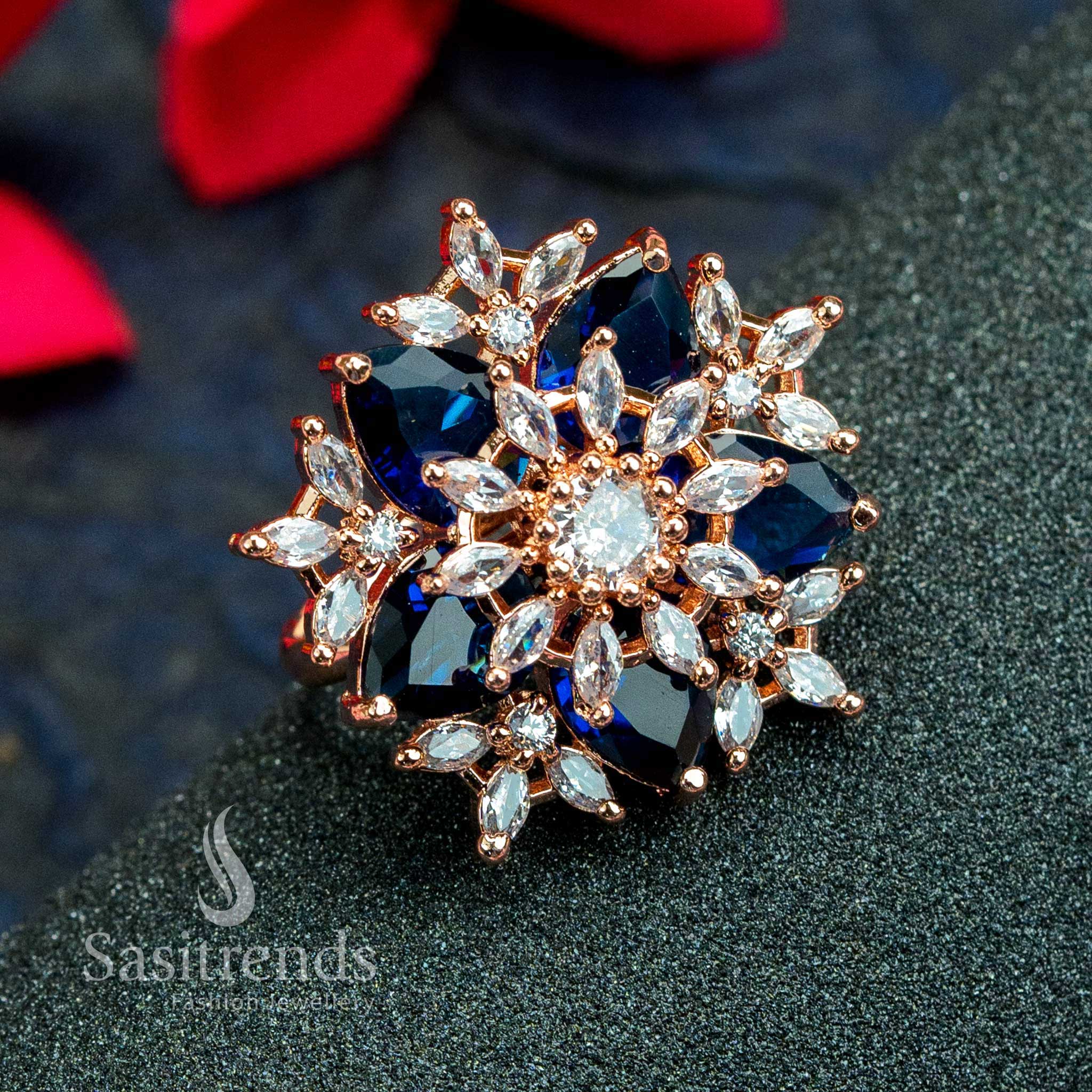 Rose Gold Plated Floral Ring with American Diamonds in Beautiful Blue - Elevate Your Style with Trendy Party Wear - Shop Online Today