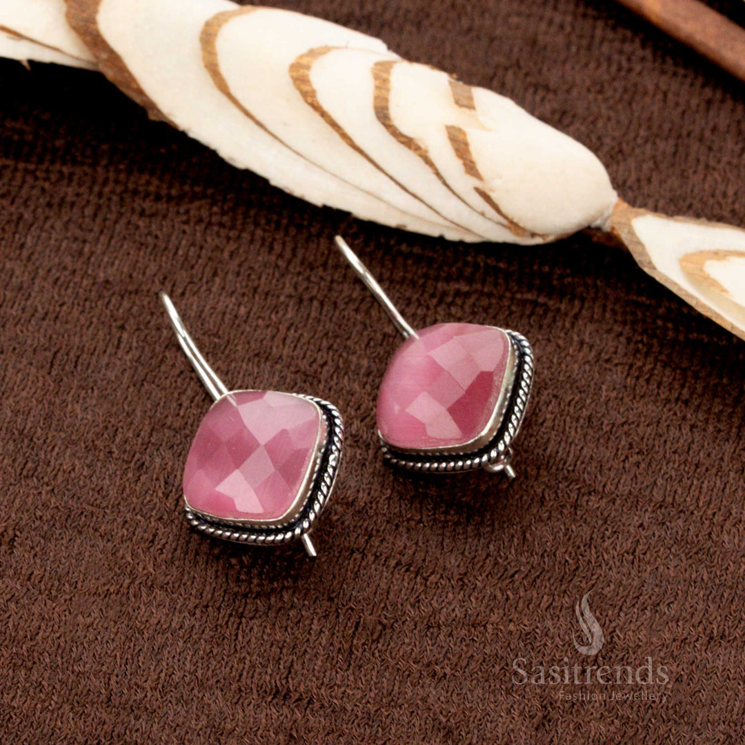 Oxidised silver square hook earrings with traditional stone design – Sasitrends