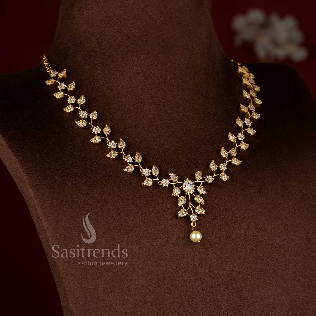Dazzling Bloom American Diamond matte gold plated white floral vine necklace for parties, evening events, and chic styling – Sasitrends