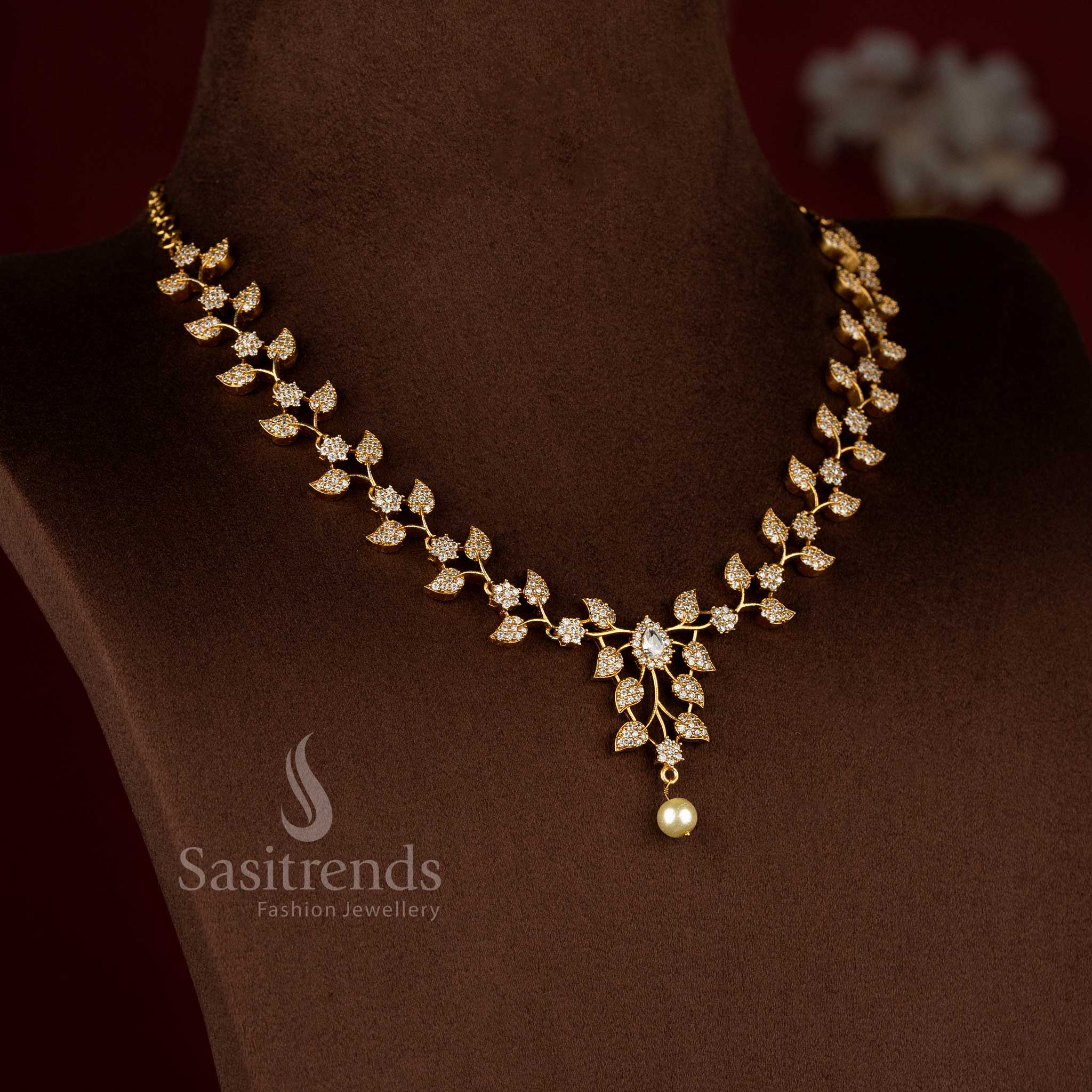 Dazzling Bloom American Diamond matte gold plated white floral vine necklace for parties, evening events, and chic styling – Sasitrends