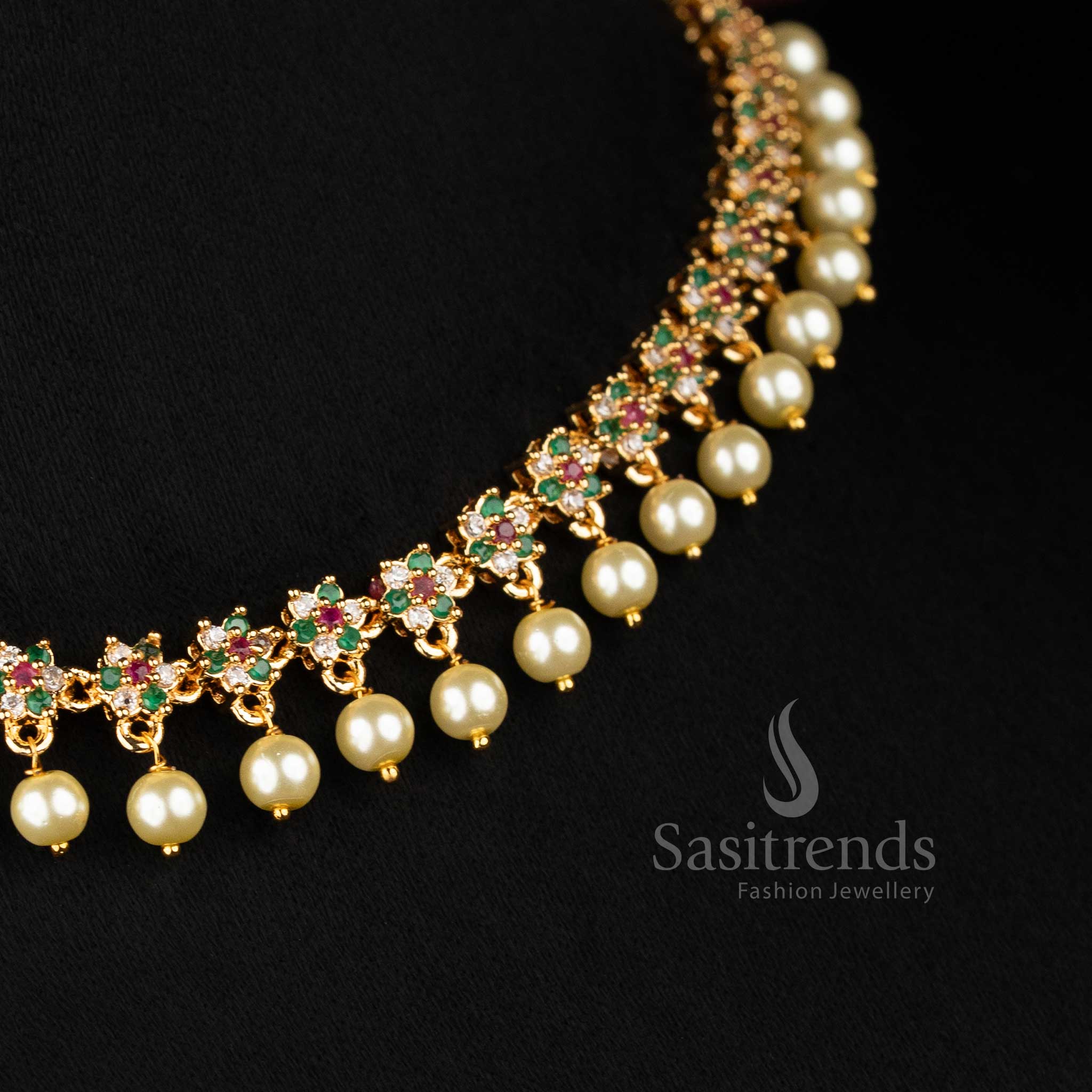 Vibrant micro gold plated AD star floral necklace in multicolour with pearl drops, one gram jewellery, 24K shine – Sasitrends