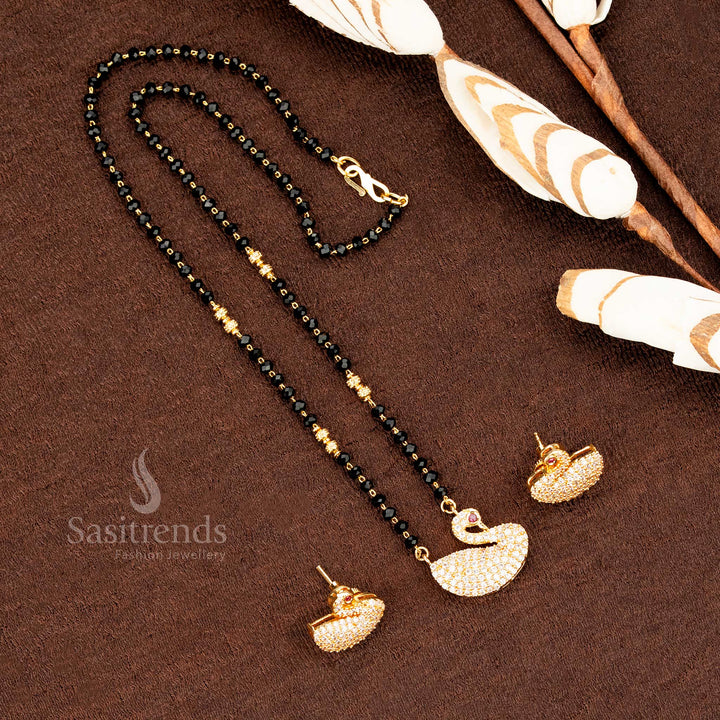 Micro Gold Plated Wedding white Mangalsutra Set with Swan Pendant and Matching Earrings - Sasitrends