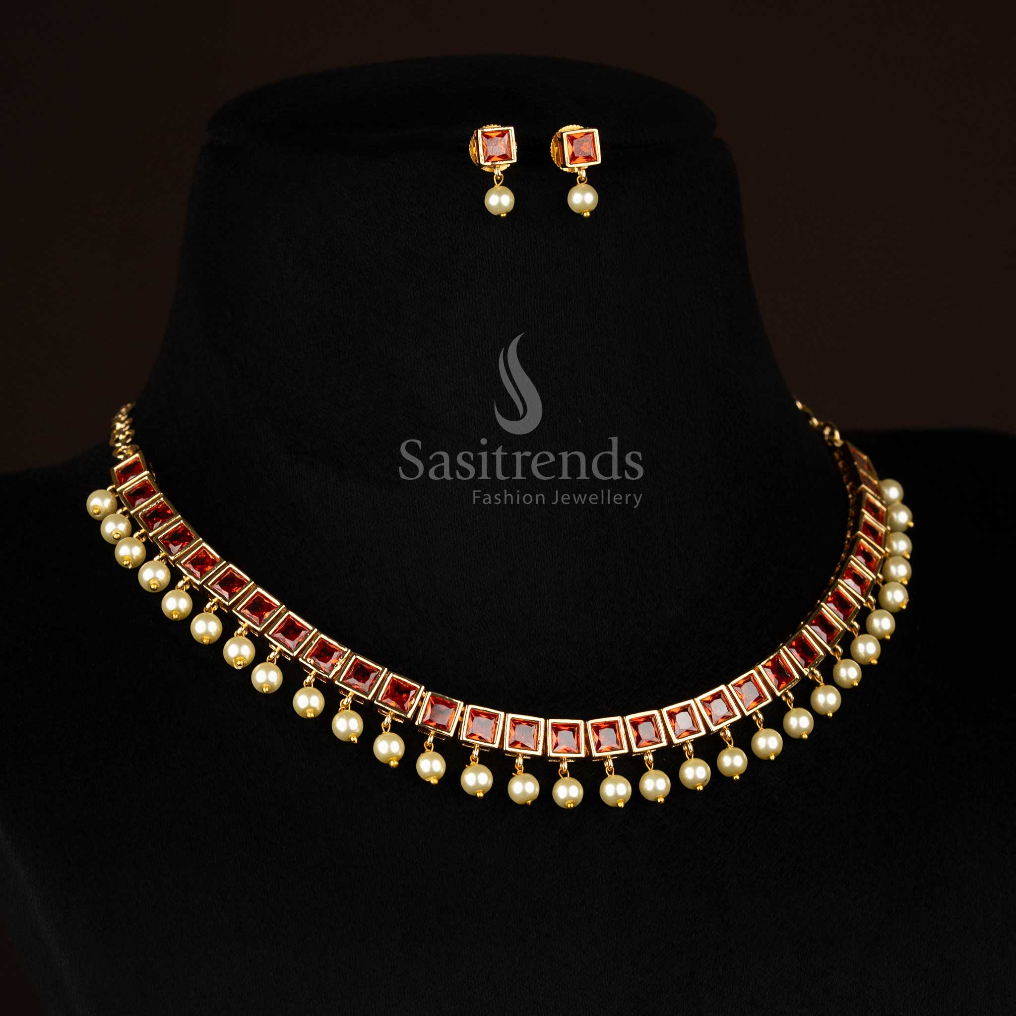 Saffron Glow classic American Diamond orange square stone necklace jewellery set with delicate pearl hangings, perfect for grand parties and elegant event styling – Sasitrends