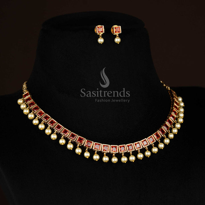 Saffron Glow classic American Diamond orange square stone necklace jewellery set with delicate pearl hangings, perfect for grand parties and elegant event styling – Sasitrends