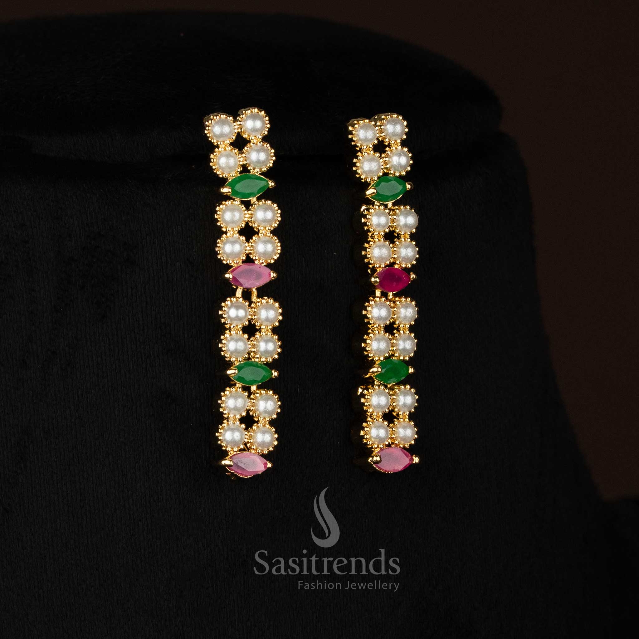 VelvetOrbit American diamond 24k micro gold plated pearl cut designer earrings styled for social evenings and elevated fashion edits - Sasitrends