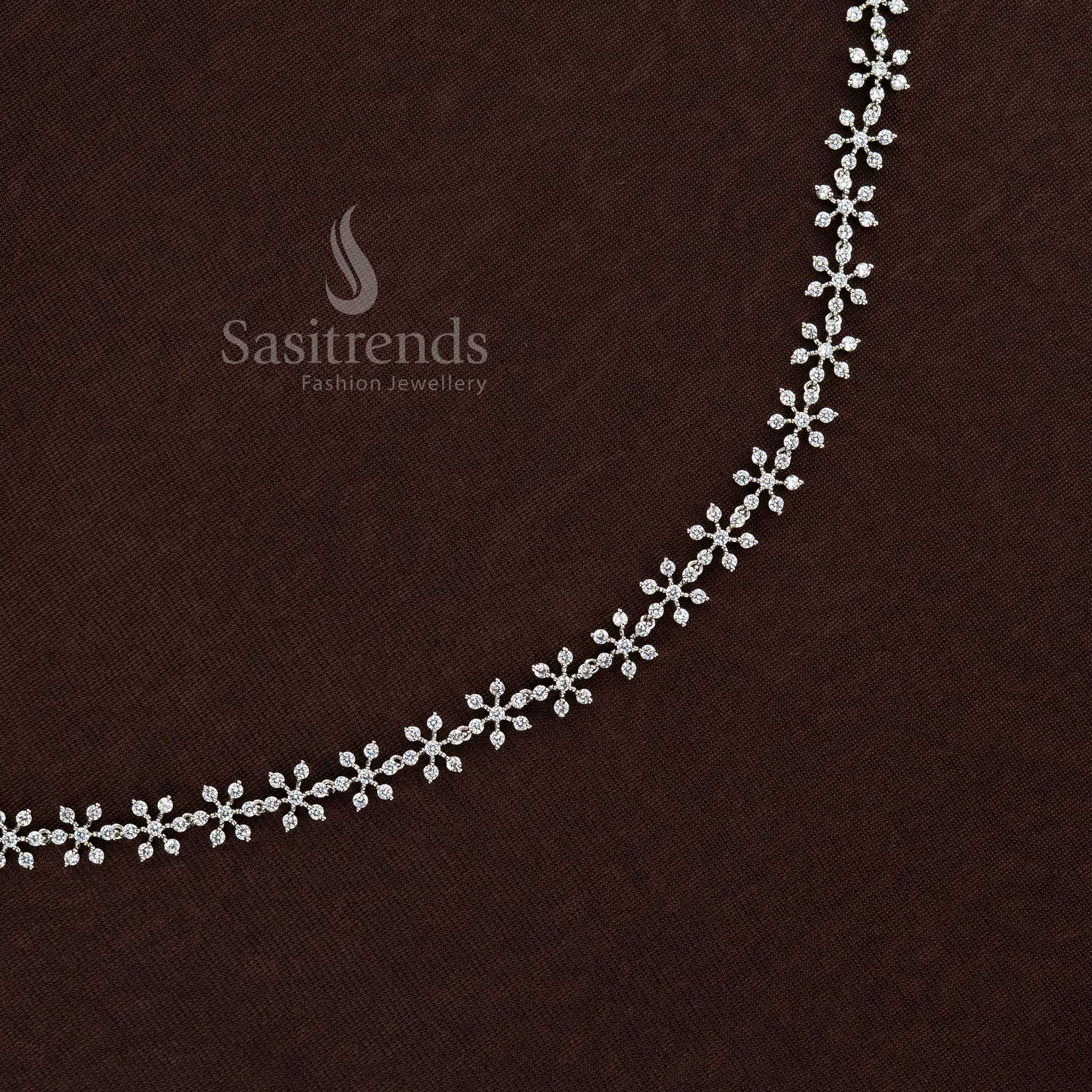 Attractive Party wear American Diamond Silver & Gold Plated Short & Long Floral Necklace Set , Hipchain- Sasitrends - Sasitrends