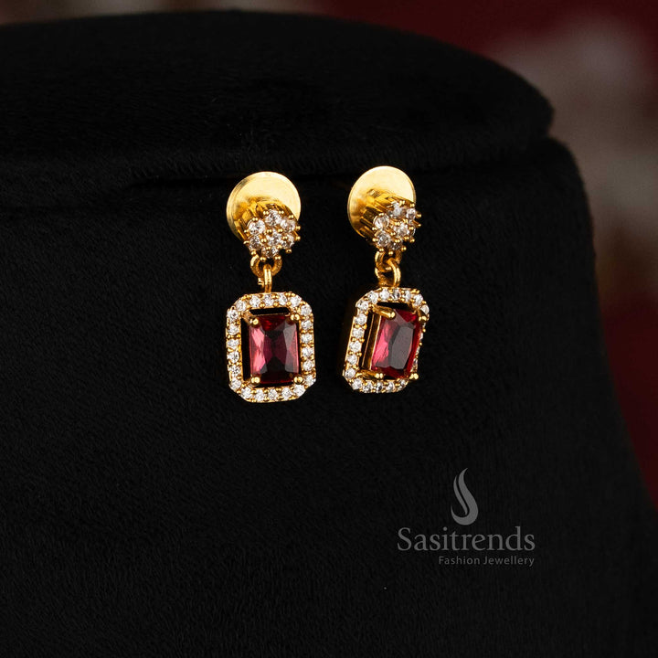 American diamond invisible matte gold plated floral earrings with rectangular stone accents, perfect festive jewellery for saree and ethnic outfits - Sasitrends