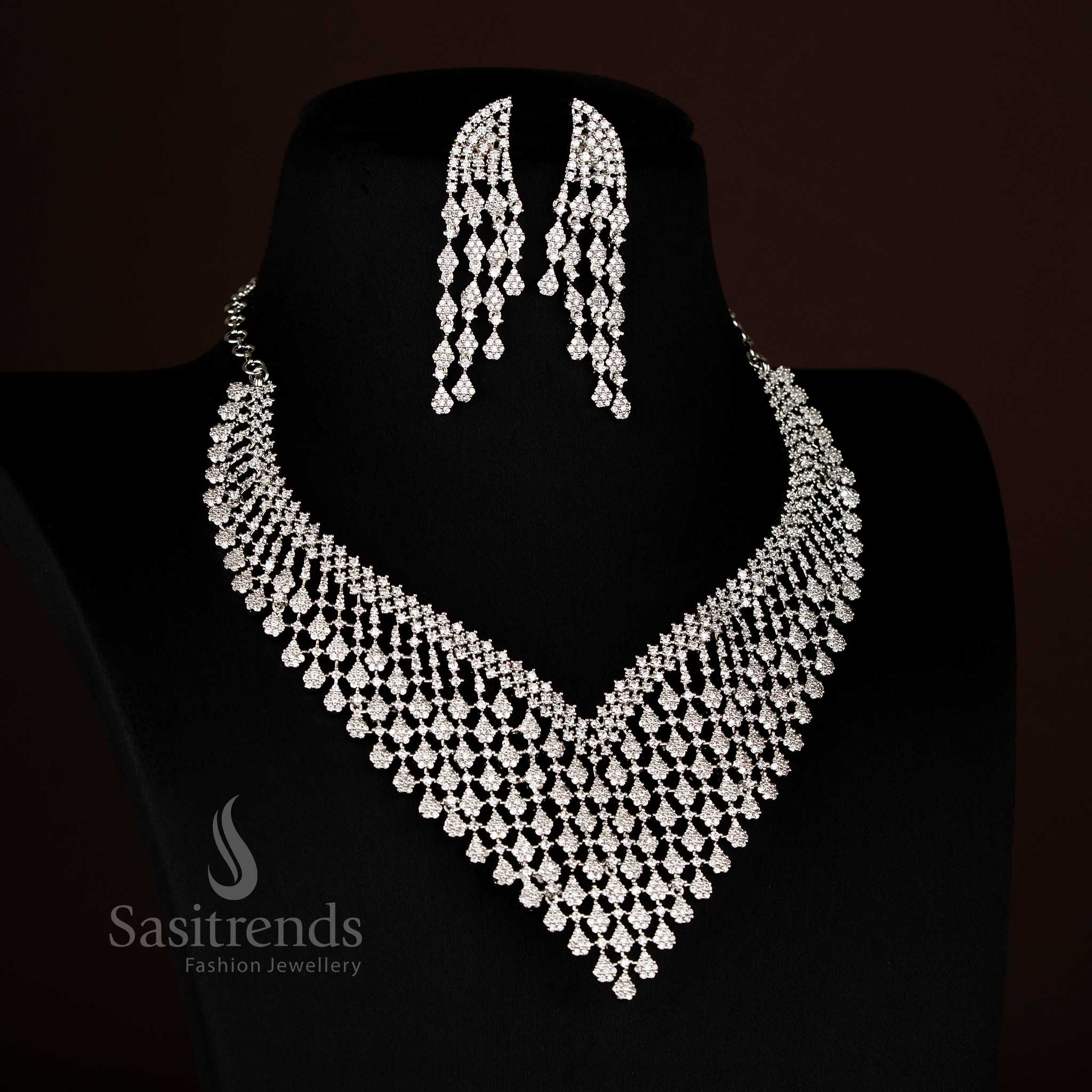 Exquisite American Diamond Rhodium Silver Lotus V-Shape Necklace Set with a Premium Finish for Party and Elegant Jewellery Occasions – Sasitrends