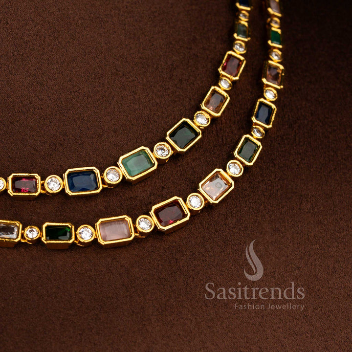Matte gold plated double strand necklace adorned with multi colour baguette American diamonds in blooming floral layout for cultural programs – Sasitrends