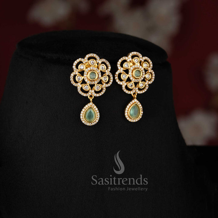 Royal American diamond matte gold dangling floral earrings in mint for women, suitable for festive and traditional celebrations – Sasitrends