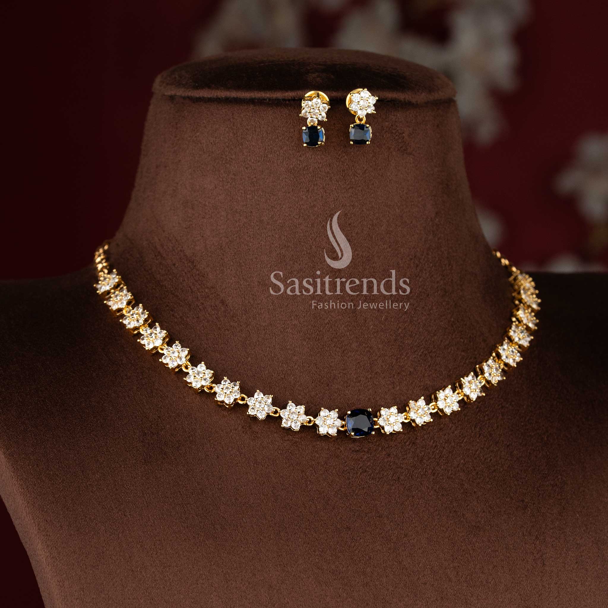 Classic blue American diamond matte gold plated floral necklace jewellery set for reception and party wear – Sasitrends