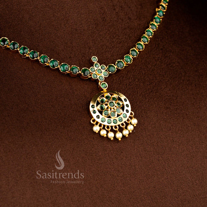 Majestic American diamond matte gold plated floral round stone traditional attigai necklace set in green colour with elegant necklace and matching earrings for festive cultural wear – Sasitrends
