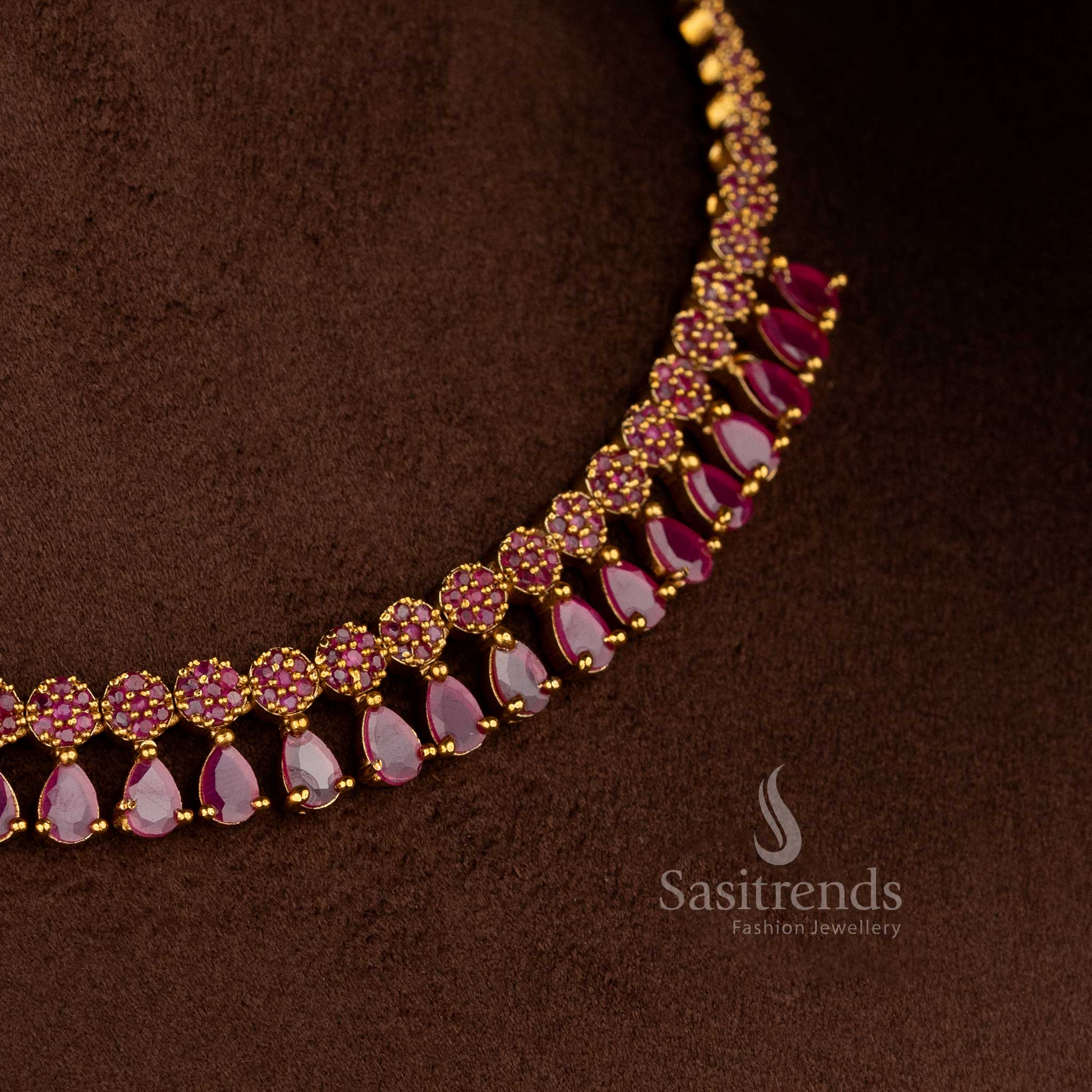 Stunning American diamond matte gold plated ruby floral teardrop necklace for silk sarees, festive kurtis, and celebration-ready looks – Sasitrends