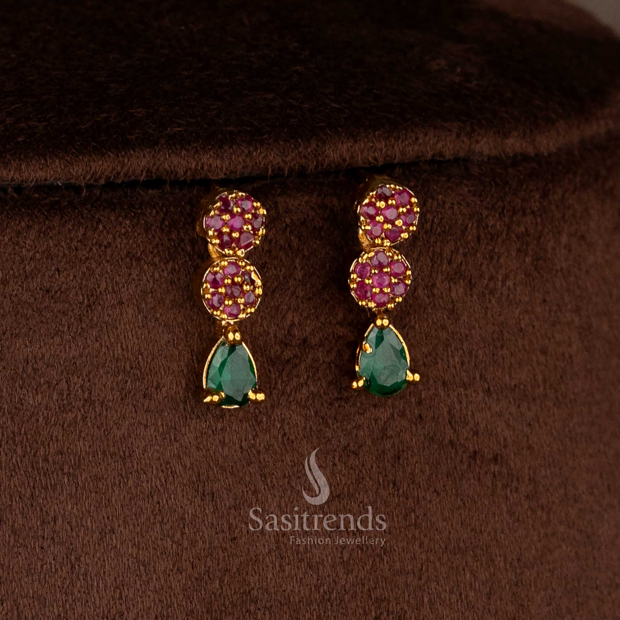 Chic American diamond matte gold plated ruby-green floral teardrop earrings for festive sarees and elegant party wear – Sasitrends