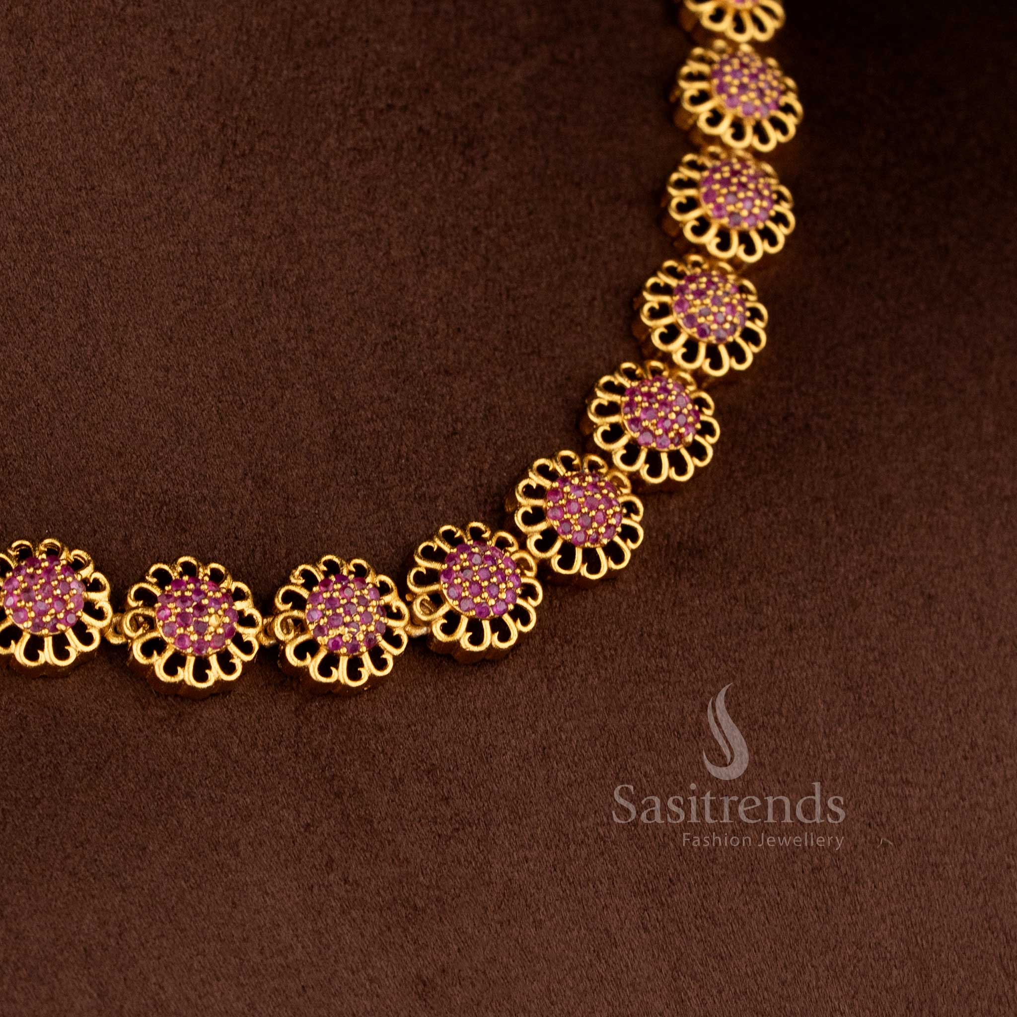 Radiant Eternal Bloom American diamond matte gold plated ruby round flower necklace for elegant saree and festive styling – Sasitrends