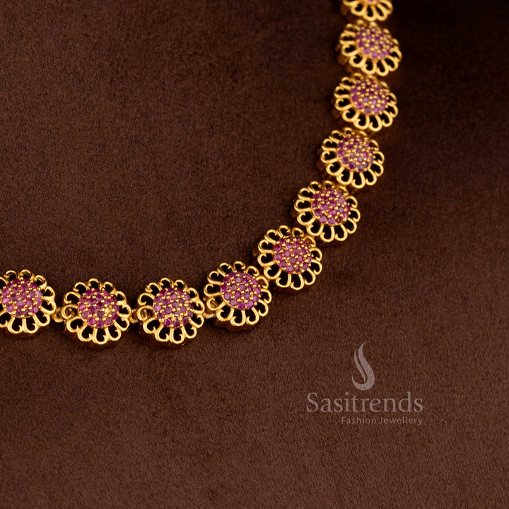Radiant Eternal Bloom American diamond matte gold plated ruby round flower necklace for elegant saree and festive styling – Sasitrends