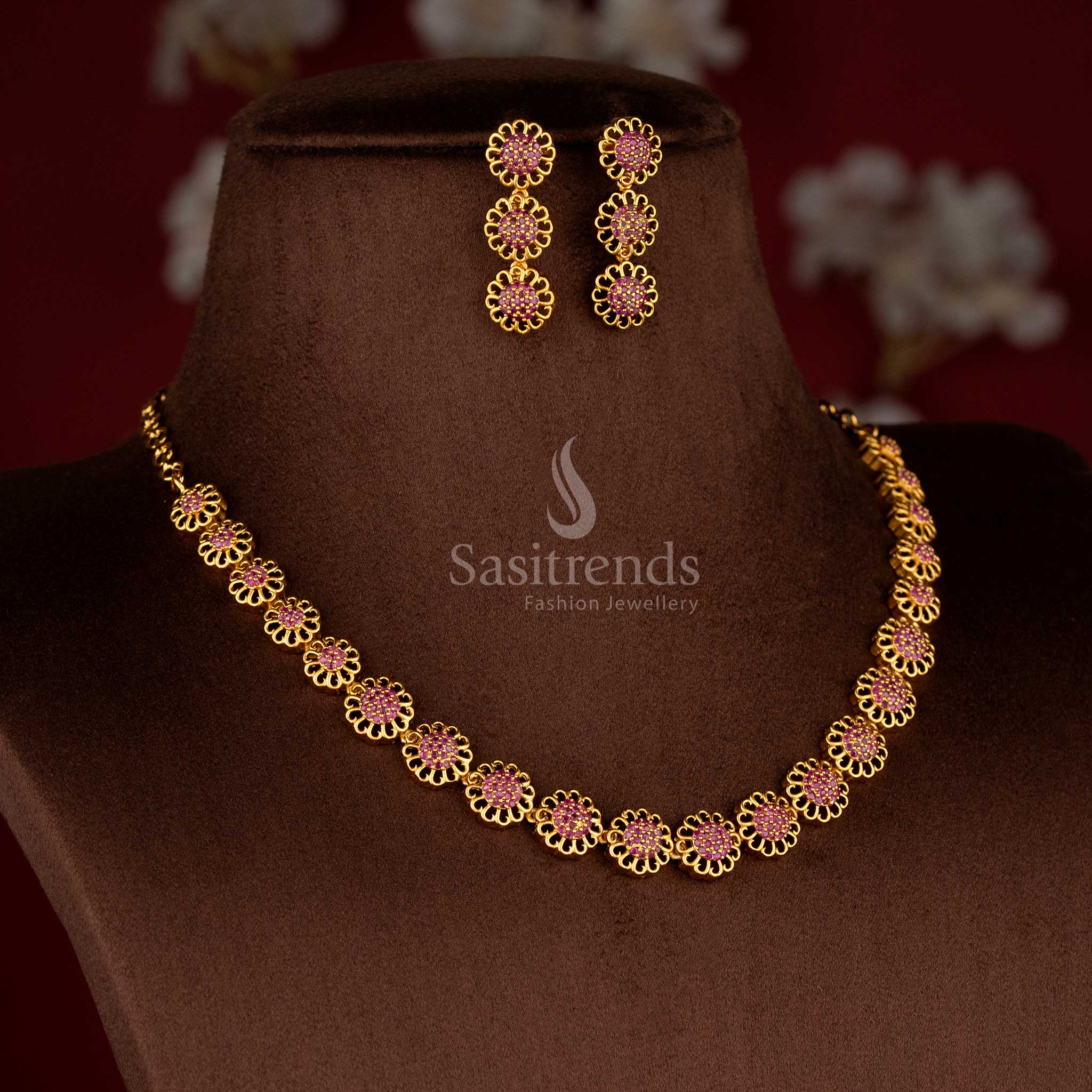 Elegant Eternal Bloom American diamond matte gold plated ruby round flower necklace set with matching earrings for celebration-ready saree styling – Sasitrends