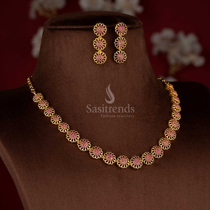 Eternal Bloom American Diamond Matte Gold Plated Round Flower Necklace Set for Sarees & Festive Wear