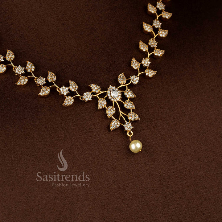 Radiant Dazzling Bloom American Diamond matte gold plated white floral vine necklace for parties, evening styling, and modern festive wear – Sasitrends