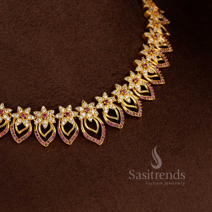 American diamond matte gold plated white-ruby floral-studded grand necklace for festive saree elegance – Sasitrends