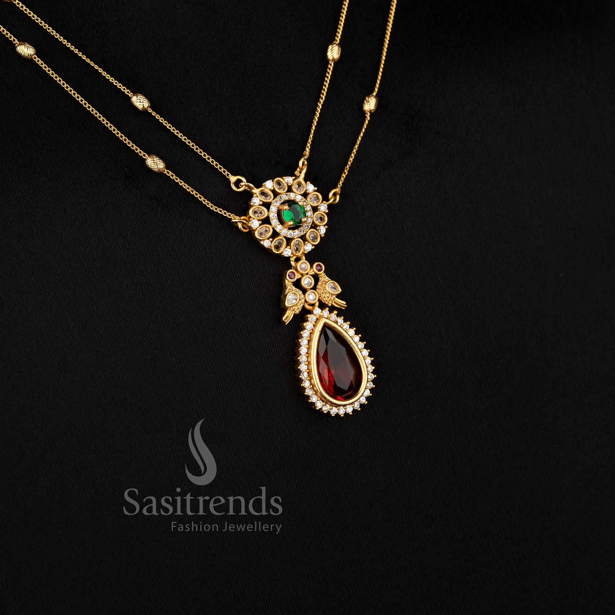 Graceful American diamond matte gold dual layer two line chain necklace set in ruby green for women, ideal for ethnic and cultural occasions – Sasitrends