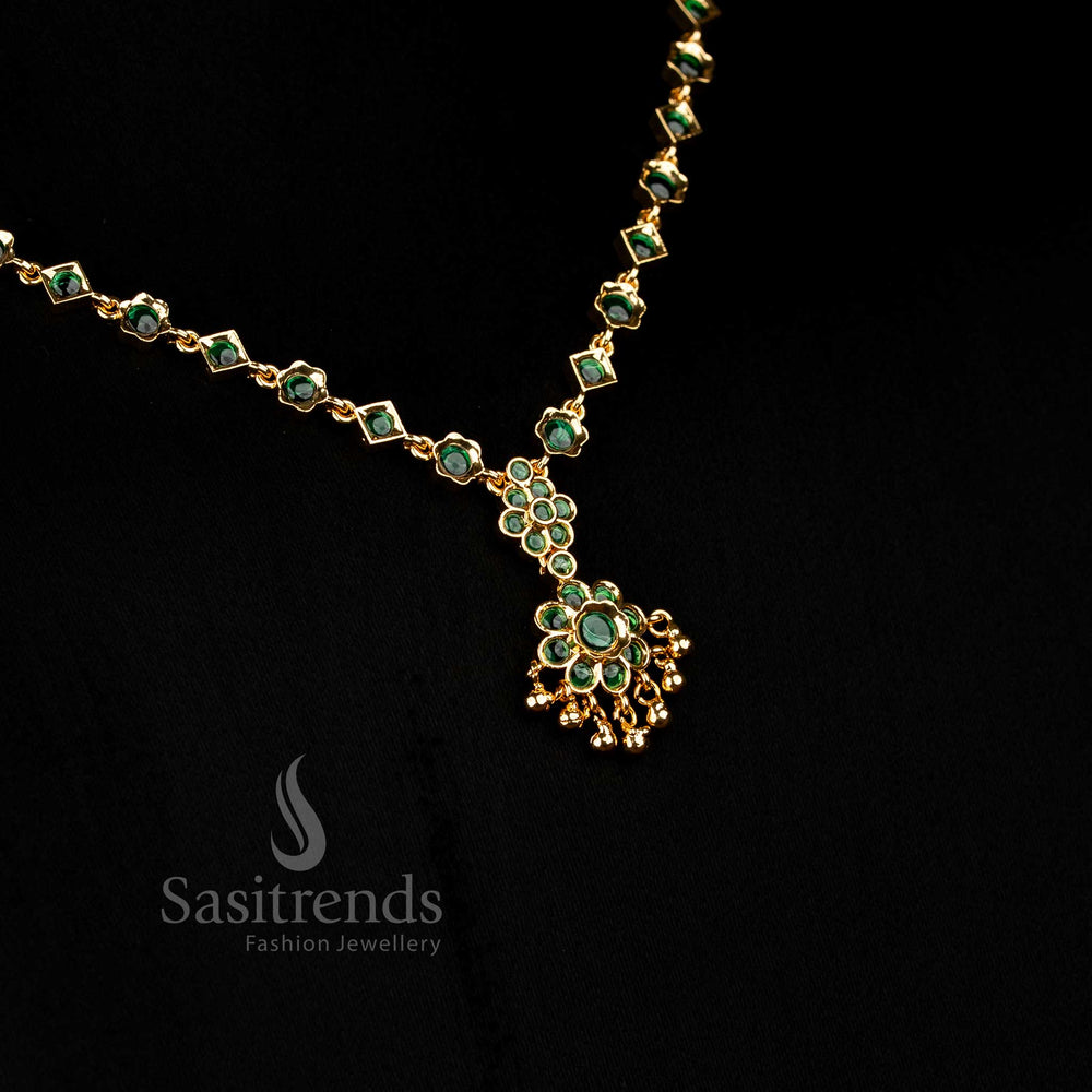 Majestic green American Diamond floral necklace with sparkling stones and golden bead details suitable for bridal celebrations Jewellery - Sasitrends