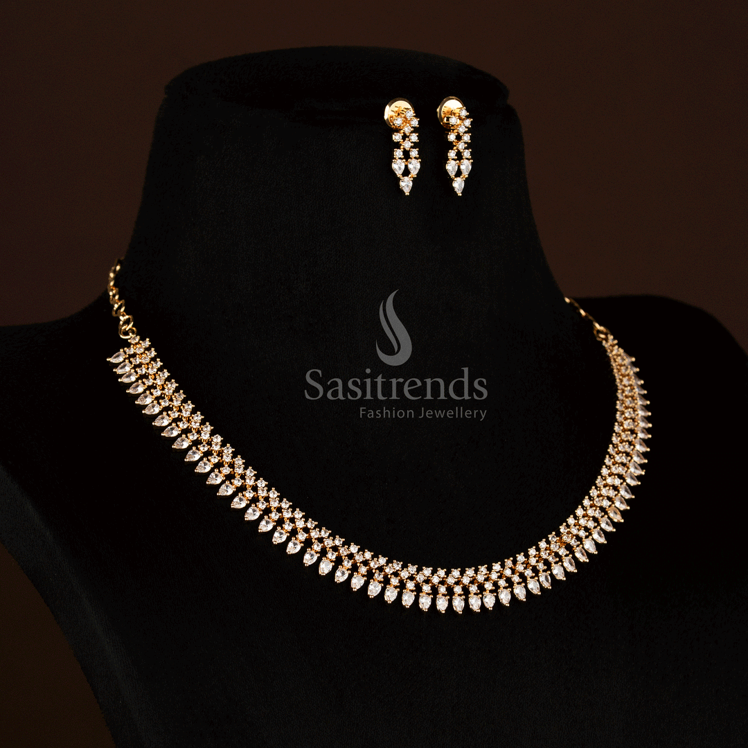 Glorious American Diamond micro gold plated marquise teardrop necklace set crafted with bright white stones, delivering radiant charm for memorable celebratory moments – Sasitrends