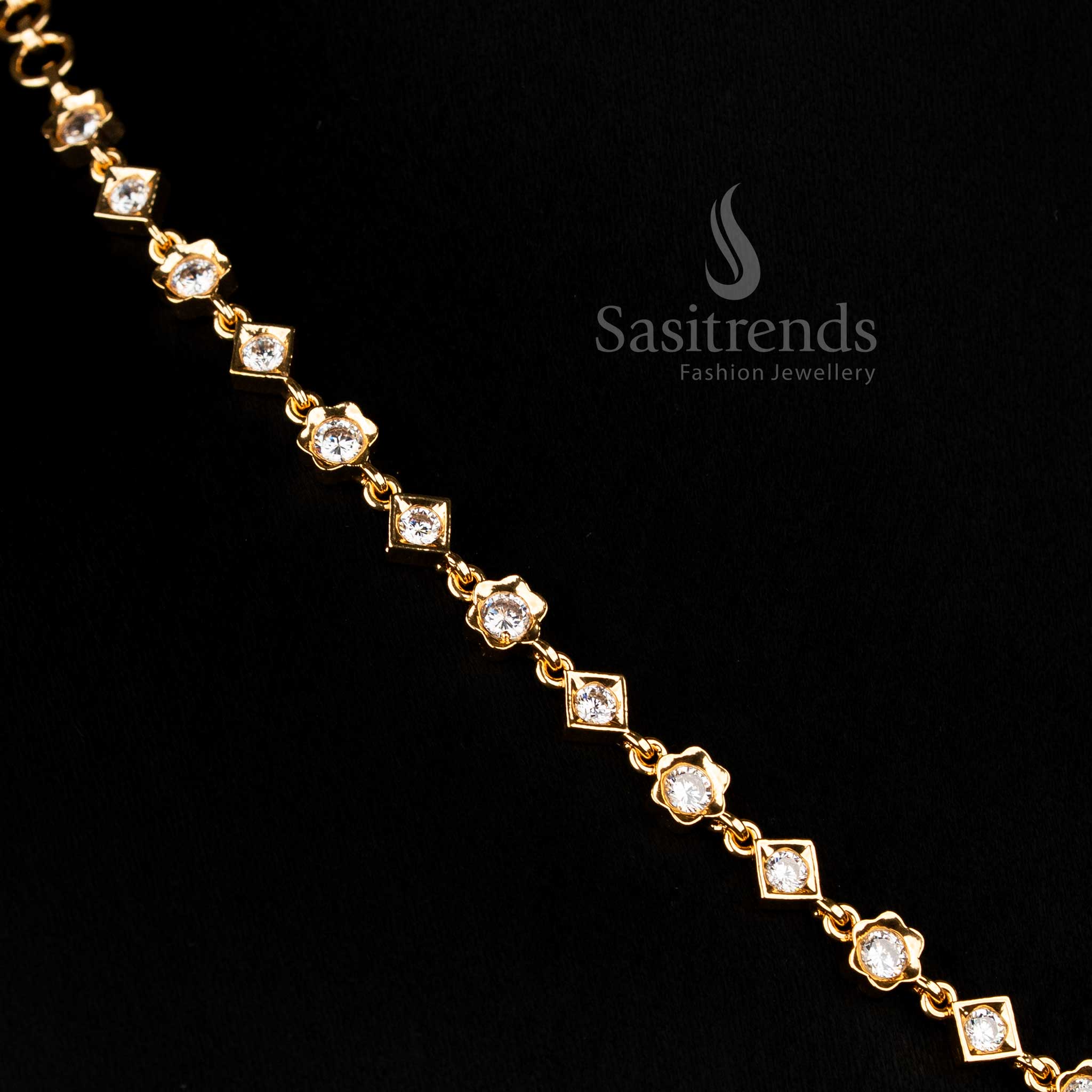 White American Diamond floral necklace showcasing sparkling stones and finely crafted golden beads perfect for festive wear Jewellery - Sasitrends