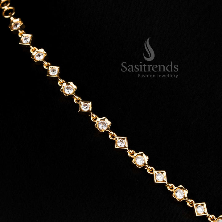 White American Diamond floral necklace showcasing sparkling stones and finely crafted golden beads perfect for festive wear Jewellery - Sasitrends
