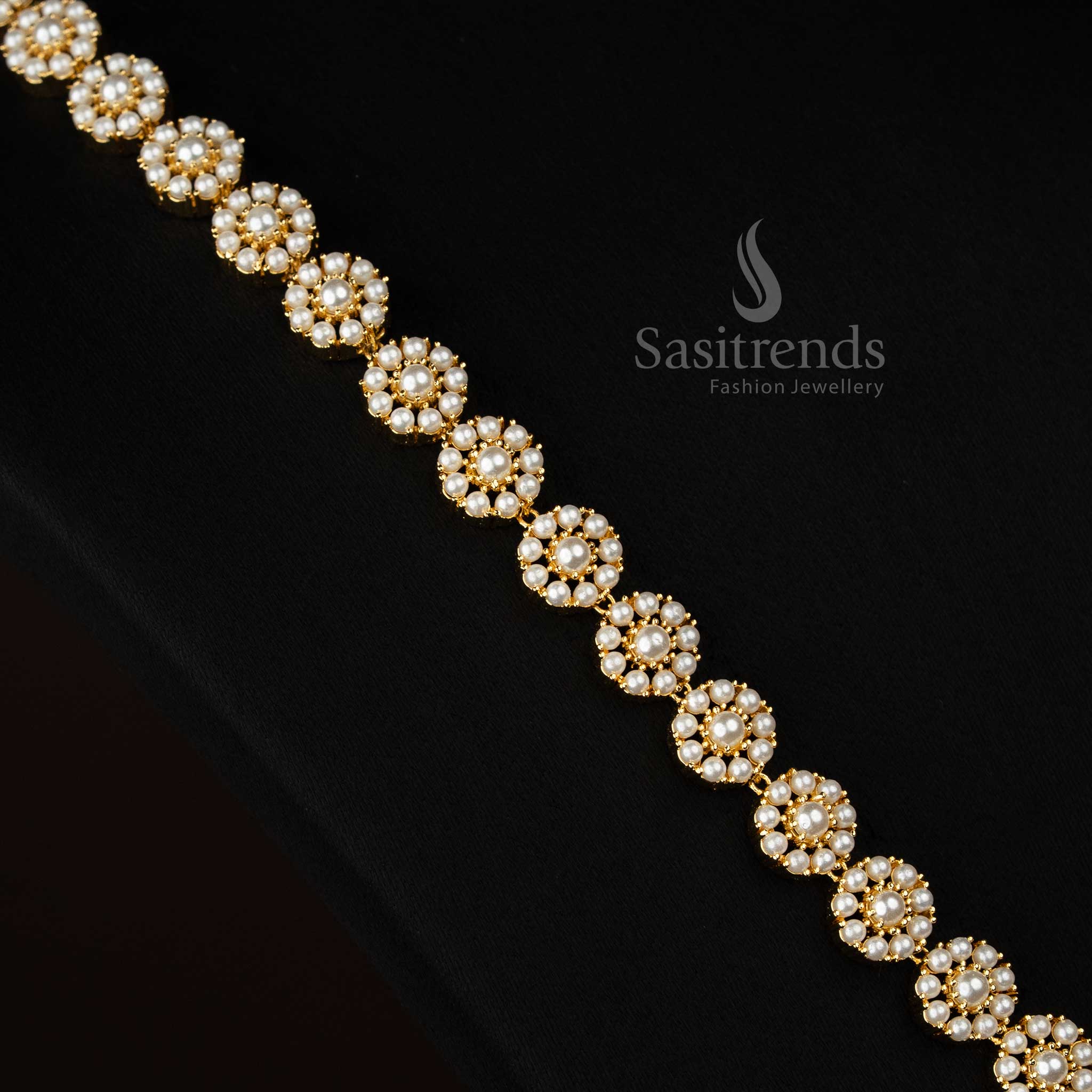 Starveil American diamond micro gold plated floral pearl round teardrop necklace created for social styling and night-time outings - Sasitrends