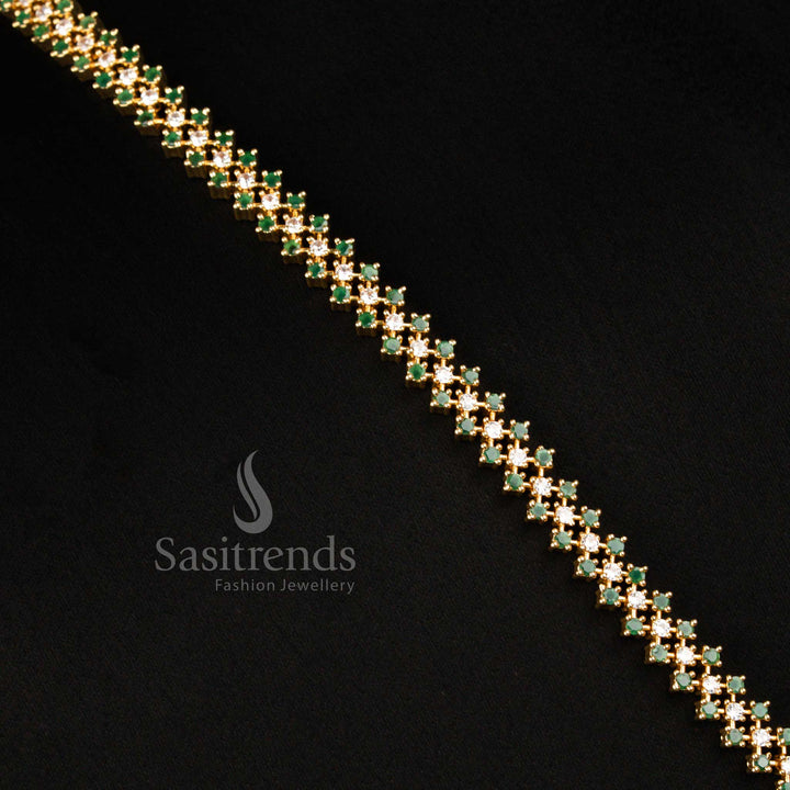 Micro Gold Plated Green-White American Diamond Jewellery Set In Geometric Cluster Pattern Made For Festivals And Party Look - Sasitrends
