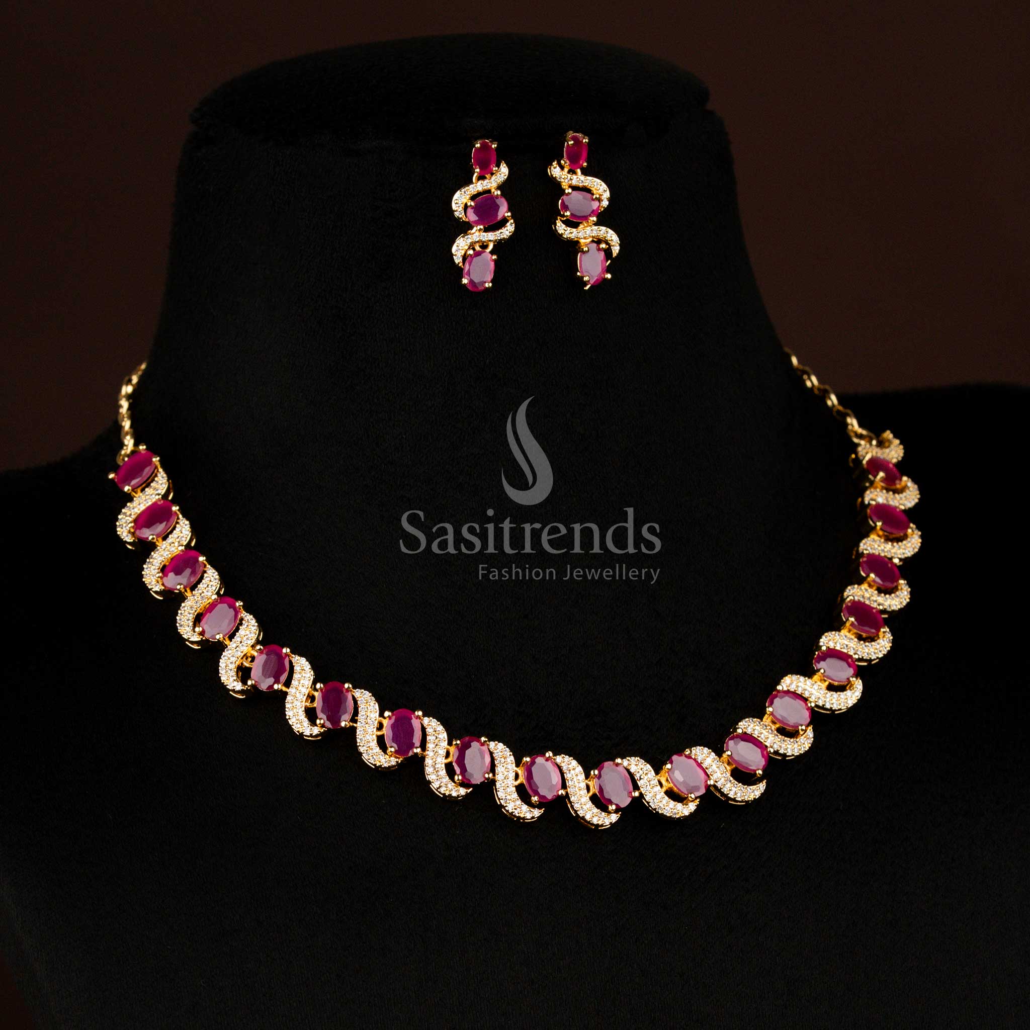 Luxurious American Diamond micro gold plated S-Curve white-ruby necklace with oval stones, perfect for celebration elegance and party allure – Sasitrends