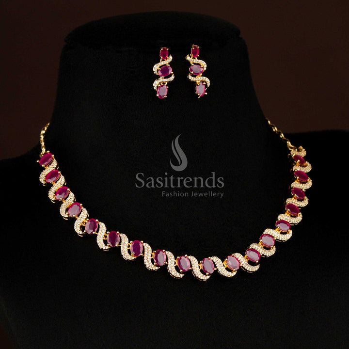 Gorgeous American Diamond Micro Gold Plated S-Curve with Oval Stone Necklace Jewellery Set for Party Wear