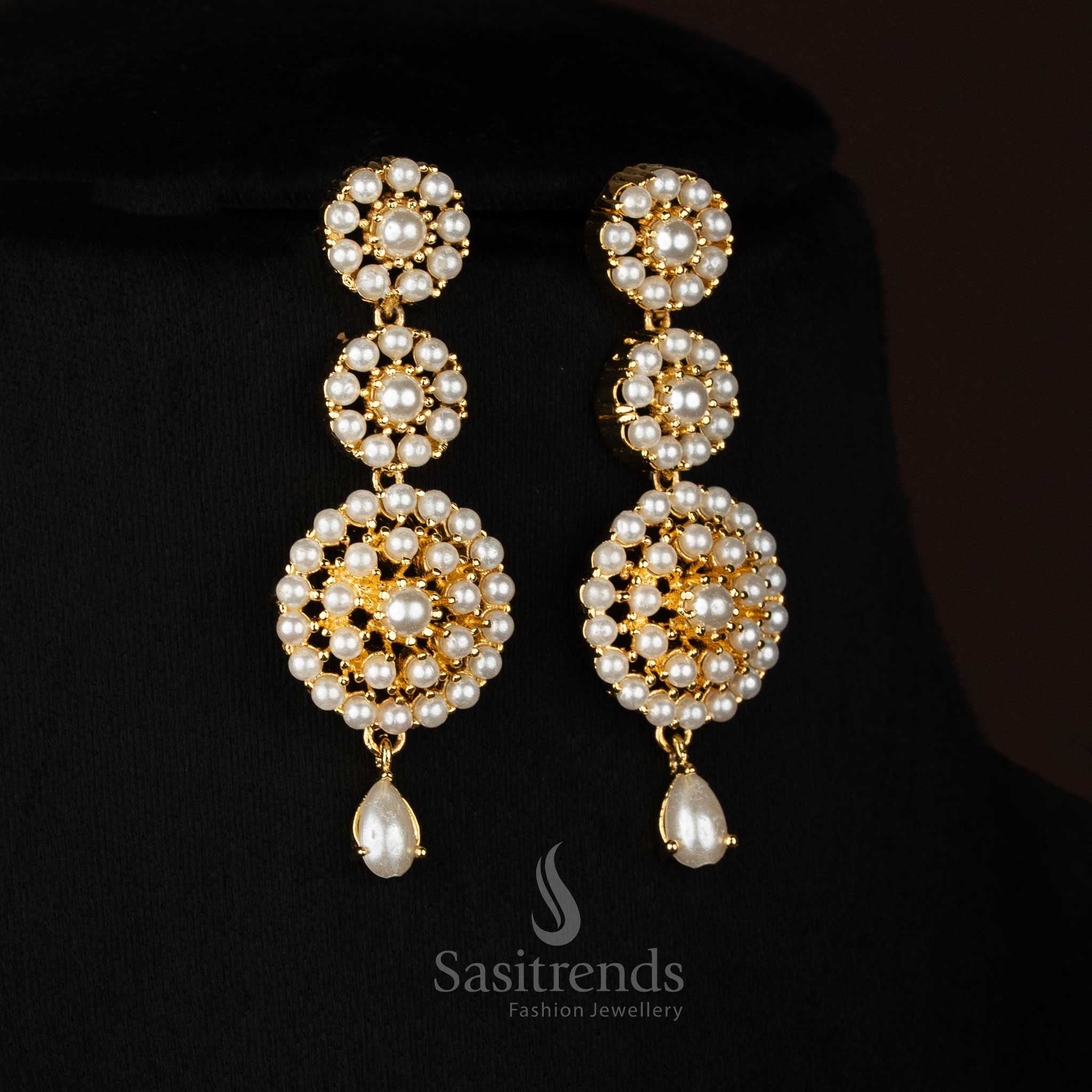 Mooncrest American diamond micro gold plated pearl drop designer earrings suited for chic social hours and night plans - Sasitrends