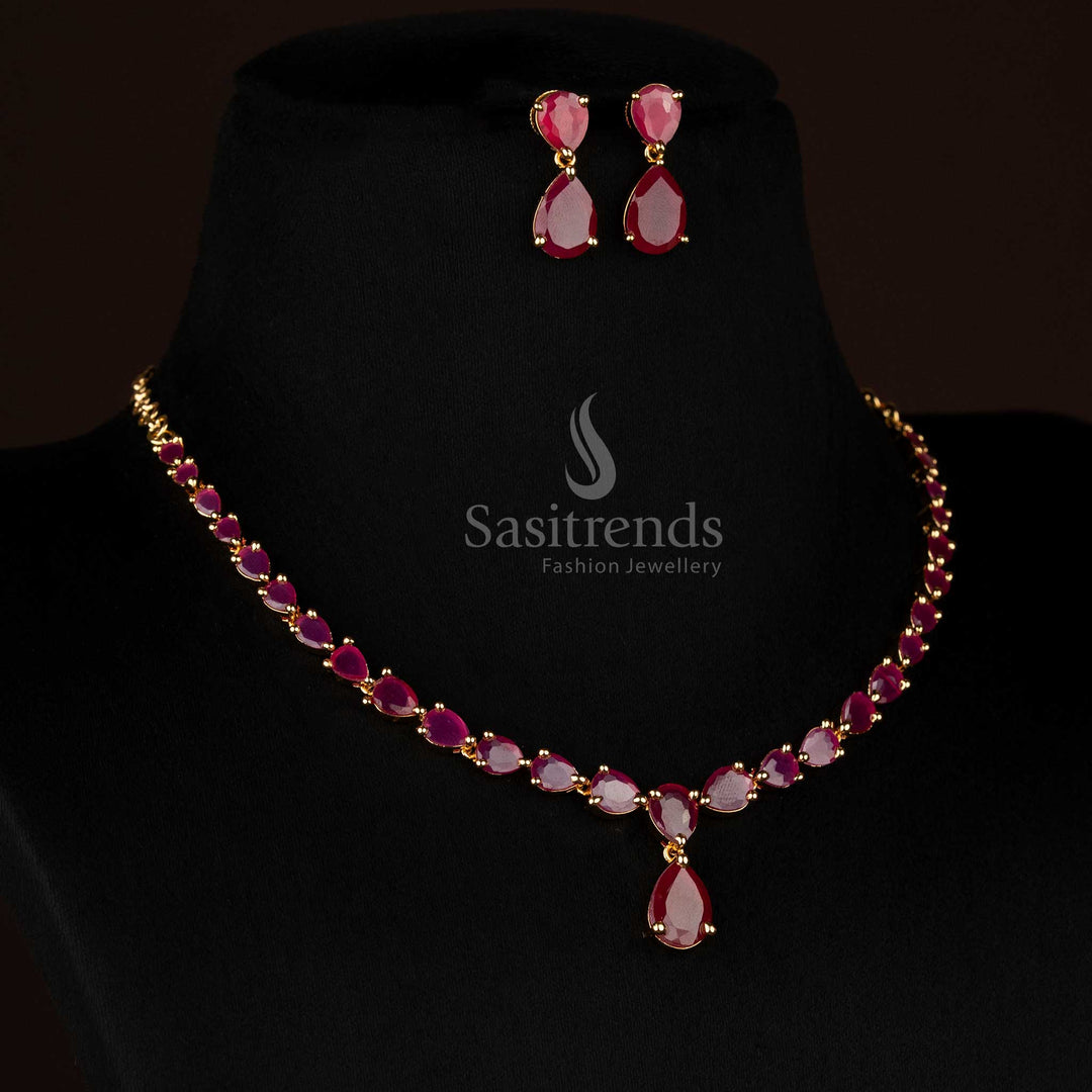 Radiant American Diamond micro gold teardrop ruby stone jewellery set ideal for formal evening wear - Sasitrends