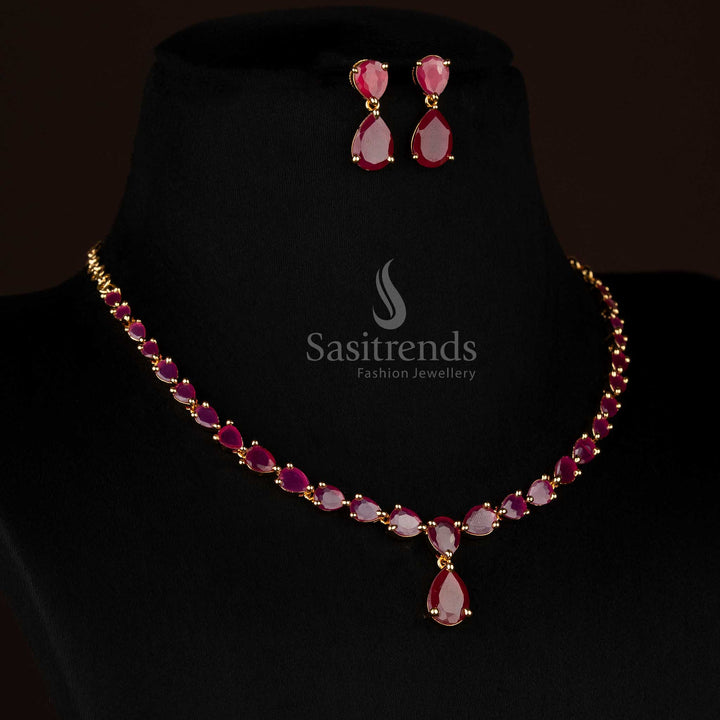 Elegant American Diamond Micro Gold Plated Teardrop Ruby Stone Studded Jewellery Set for Festive Events