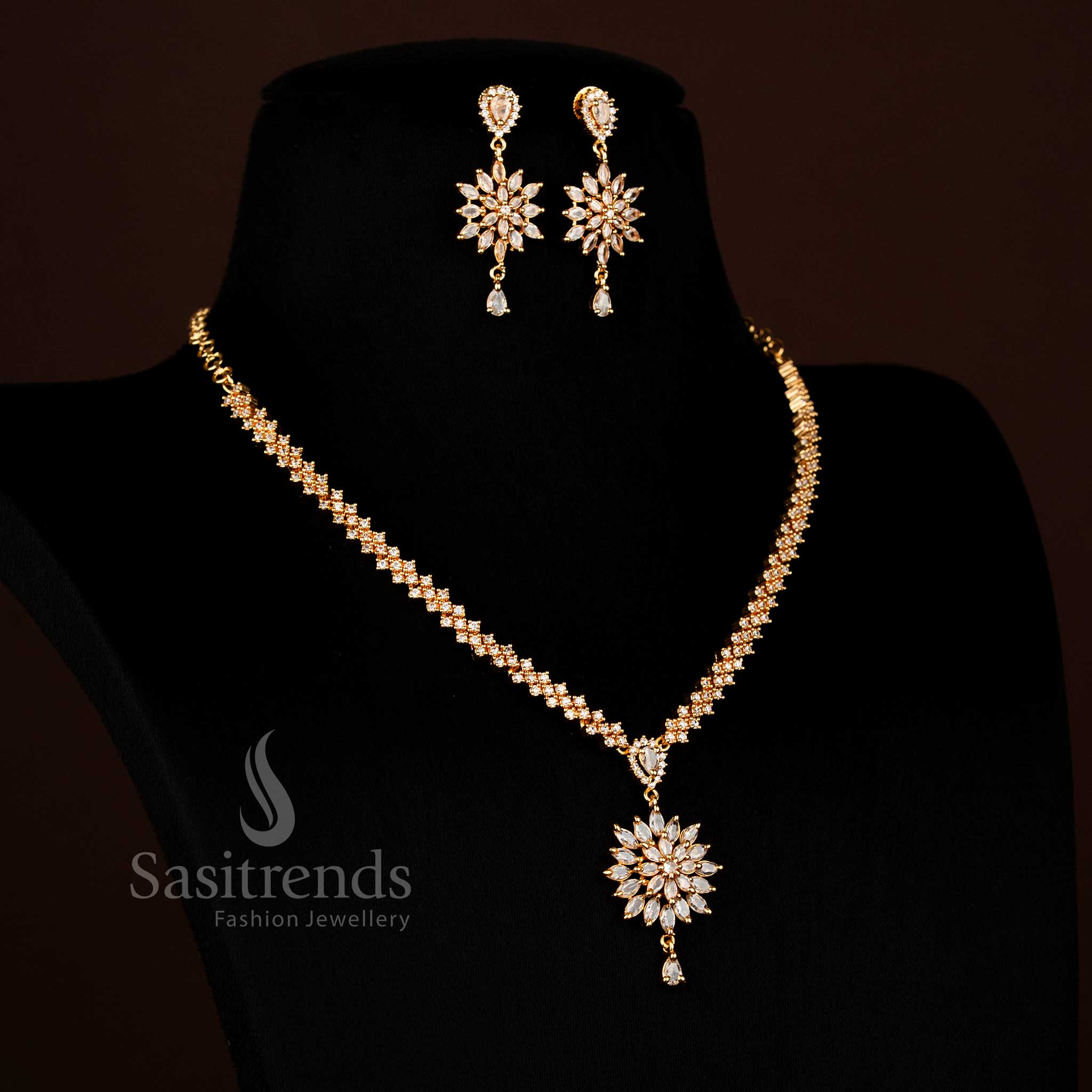 Dazzling white American Diamond sunflower necklace with delicate pearl accents and diamond-cut chain perfect for weddings and festive occasions Jewellery - Sasitrends