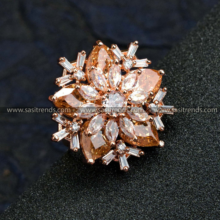 Radiant Rose Gold Plated Floral Ring with American Diamond Stones in Vibrant Yellow - Ideal for Trendy Party Wear